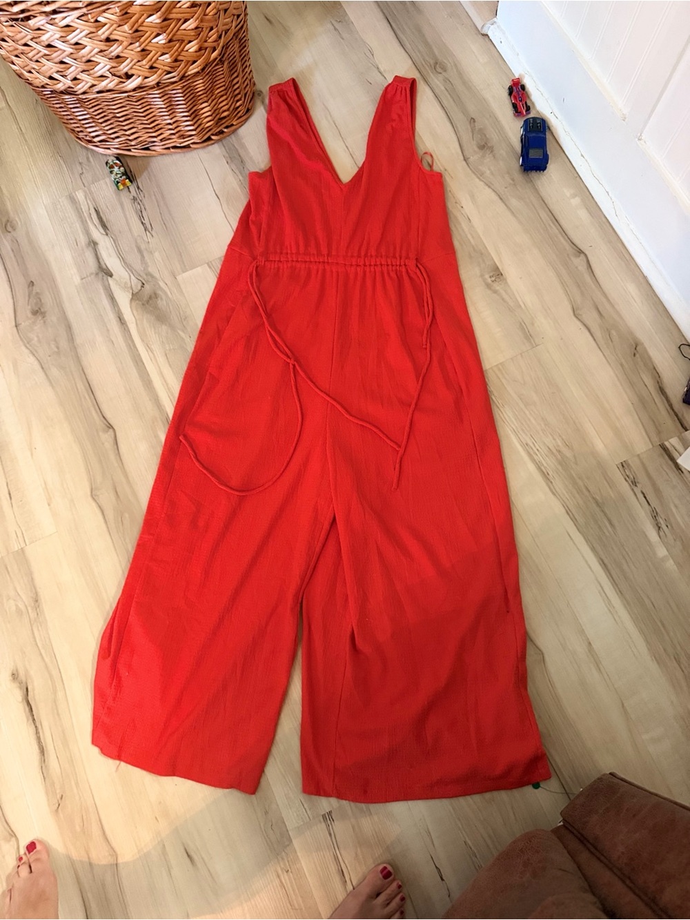 Zara Bright Red V-Neck Wide-Leg Jumpsuit with Waist Tie